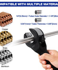 Ratcheting Tube Cutter For Tight Spaces With Ergonomic Handle And Sharp Blades That Easily Cut One Quarter Inch To One And One Eighth Inch Copper Brass And Aluminum Pipes Includes Three Steel Blades And Slip Free Gloves For DIYers And Pros cutting a metal pipe