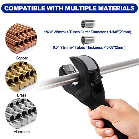 Ratcheting Tube Cutter For Tight Spaces With Ergonomic Handle And Sharp Blades That Easily Cut One Quarter Inch To One And One Eighth Inch Copper Brass And Aluminum Pipes Includes Three Steel Blades And Slip Free Gloves For DIYers And Pros cutting a metal pipe