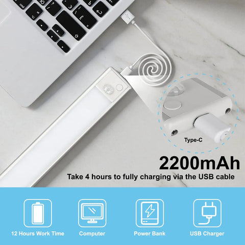 Under Cabinet LED Lights With Motion Sensor 53 LED Dimmable USB Rechargeable Strip Magnetic Mount 2200mAh Battery charging by laptop