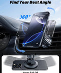 Magnetic car phone mount on air vent, 360° rotation, MagSafe compatible.