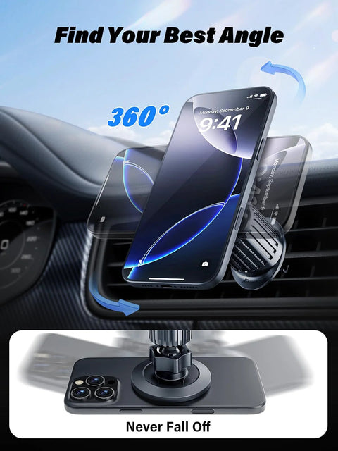 Magnetic car phone mount on air vent, 360° rotation, MagSafe compatible.