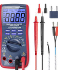 Red and blue Digital Multimeter And Analyzer With TRMS 6000 Counts Auto Ranging Pro Grade, probes, and accessories.