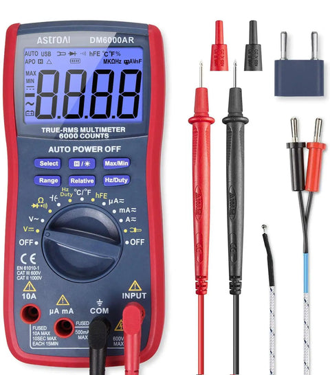 Red and blue Digital Multimeter And Analyzer With TRMS 6000 Counts Auto Ranging Pro Grade, probes, and accessories.