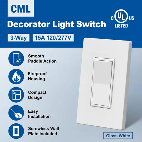 3 Way Wall Light Switch Decorator Rocker Paddle Interrupter for Easy Flip 15A 120 to 277V Single Pole or 3 Way UL Listed White