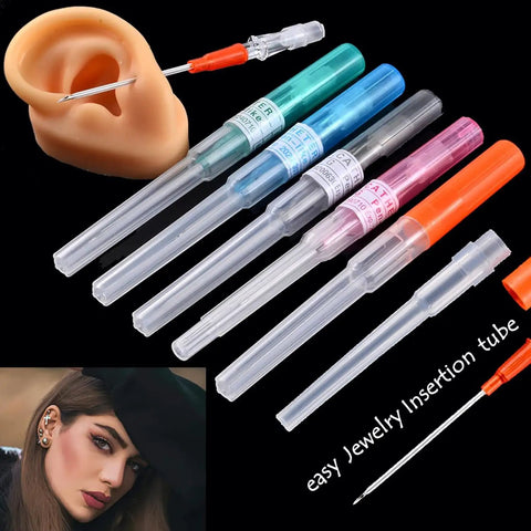 Mixed Gauge Catheter Piercing Needles Kit 10Pcs Set 14G 16G 18G 20G 22G Hollow Cannula for Nose Belly Ear Piercing and Body Piercing Tools Ideal for Pros and DIYers, 316L stainless, shown with ear and cannula tubes