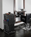Premium Locking Rolling Trolley Cart with Pockets, four interchangeable slide out drawers, in a salon setting