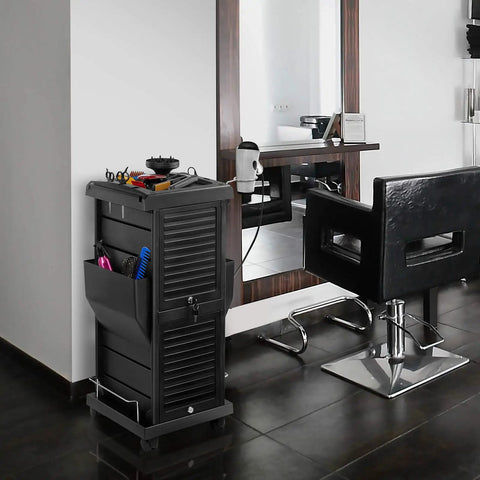 Premium Locking Rolling Trolley Cart with Pockets, four interchangeable slide out drawers, in a salon setting