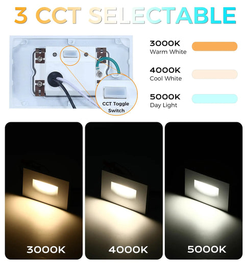 Slick 3 Color 120V Dimmable LED Step Light For Indoor And Outdoor Use 3000K 4000K 5000K Adjustable 3W 100 Lumen with CCT toggle switch