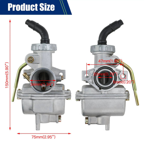 Front and side view of PZ20 Carburetor Upgrade Kit With Ignition Coil AC CDI Box Starter Solenoid Relay And Voltage Regulator for ATV