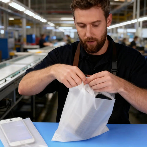 Person using 100 Pack Foam Bags 11.8 By 11.8 In White Cushioned Pouches With Protective Film For Moving And Shipping Anti Scratch Shockproof