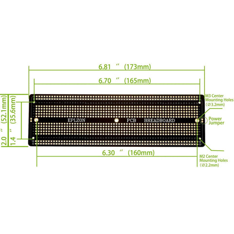 Diagram of Three Piece 6.8 By 2.05 Inch Solderable Prototype PCB Boards Kit For DIY Electronics Projects with dimensions