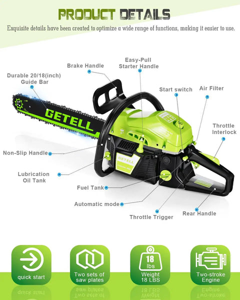 Gas Powered Chainsaw For Farm And Ranch Use, Heavy Duty Wood Cutting Beast With 58cc 3.6 HP Pro Power And NiCom Plated Cylinders