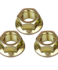 Three-pack of 5/8-18 thread blade lock nuts, gold hex flange, visible for mower deck spindle attachment