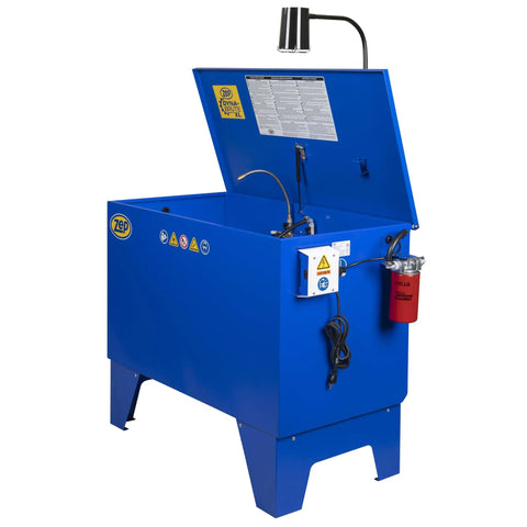 Badass Industrial Parts Washer With Triple Stage Filtration System Keeps Your Degreaser Crisp And Clean Heavy Duty 16 Gauge Steel Shop Workhorse side view with lid lifted.