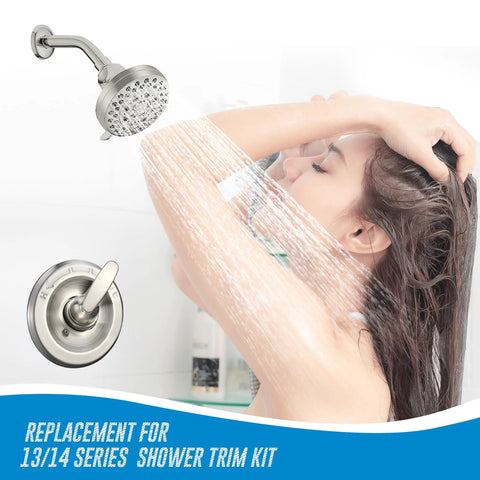 Front view of brushed-nickel Delta shower trim kit with single-function handle and showerhead, cartridge included