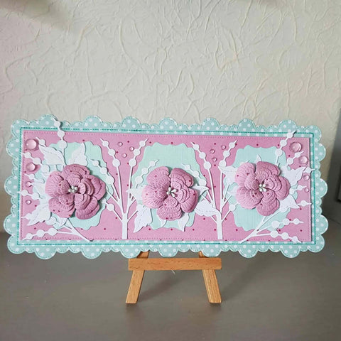 Handmade card using 3D Flower Frame Metal Die Cuts Set for Scrapbooking and Card Making with floral embossing, displayed on stand