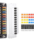 Hella Tough 12 Way ATC ATO Blade Fuse Block Panel With Splash Proof Cover And Integrated Negative Bus For Trucks Rv Marine Auto Electrical Upgrade Projects with colorful fuses.