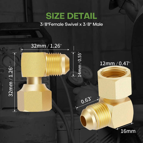 Two Pack 3/8-Inch Flare Swivel Elbow Connector Fittings For Propane Gas And Oil Lines, 90 Degree Male To Female Inverted Flare Brass Couplers, Durable High-Temp Resistant Leak-Free Seals. size detail of 3/8-inch brass elbow fitting