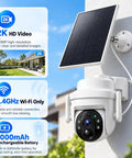Slick Solar Powered Outdoor Wireless Security Camera Capturing Crisp 3MP HD Video with solar panel mounted on wall.