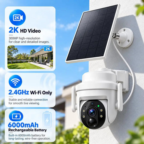 Slick Solar Powered Outdoor Wireless Security Camera Capturing Crisp 3MP HD Video with solar panel mounted on wall.