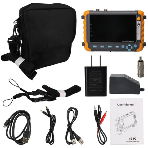 Five Inch CCTV Tester Monitor For Analog Cameras, HDMI And VGA Input, Six In One Debugging Tool with accessories and carrying case