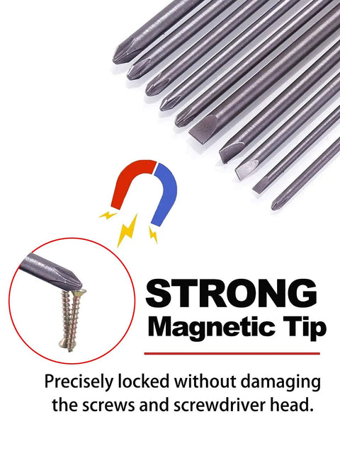 10Pcs 1/4 Inch Hex Shank Long Magnetic Screwdriver Bits Set showing strong magnetic tip locking screws securely.