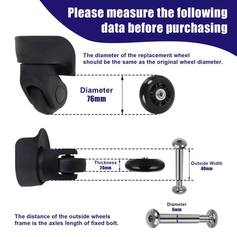 Diagram showing measurements for Luggage Replacement Wheels 76mm By 24mm With ABEC 608zz Bearings, detailing diameter and axle size.