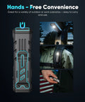 Rugged Rechargeable EDC Flashlight With Turbo Mode, 1000 Lumens LED, Magnetic Base And Clip shown with hands-free use options
