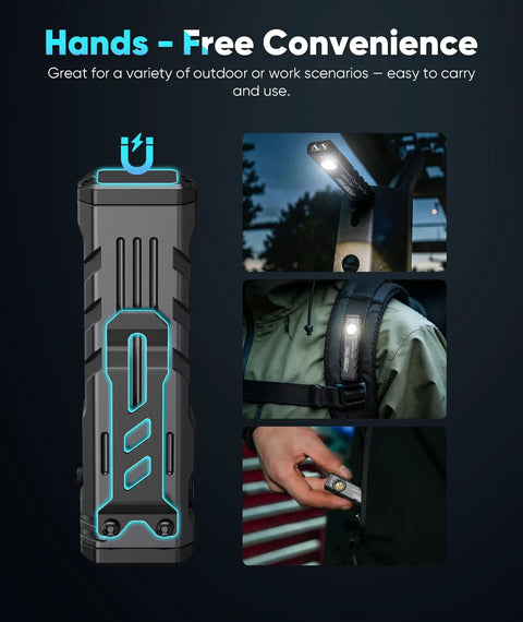 Rugged Rechargeable EDC Flashlight With Turbo Mode, 1000 Lumens LED, Magnetic Base And Clip shown with hands-free use options