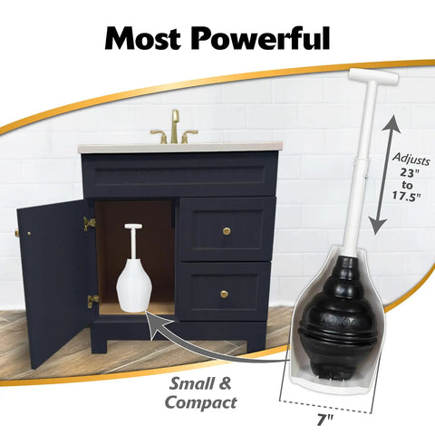 Heavy Duty Toilet Plunger Featuring Signature Beehive Shape and Drip Free Carry Handle That Blasts Away Stubborn Clogs Quick On Any Toilet Model crafted from durable rubber in a cabinet.