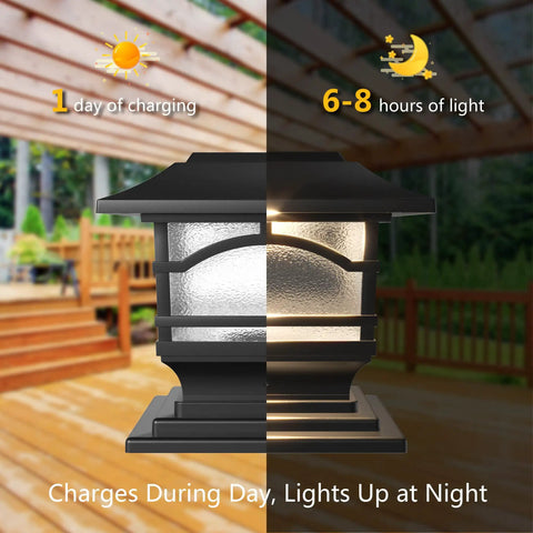 Premium Solar Outdoor Post Cap Lights For 4x4 5x5 And 6x6 Posts, Bright 25 Lumen Warm White LED, Auto On Nightly, Slate Black