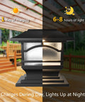 Premium Solar Outdoor Post Cap Lights For 4x4 5x5 And 6x6 Posts Bright Warm White LEDs Auto On Nightly 8 Hour Battery Slate Black Finish No Fuss Install For Fence Deck Garden Or Patio 2 Pack shown with day and night usage, on a wooden deck background.