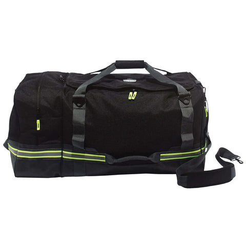 Beefy Firefighter Turnout Gear Duffel Bag for fire, fall protection and sport equipment, black with reflective strips, large size.
