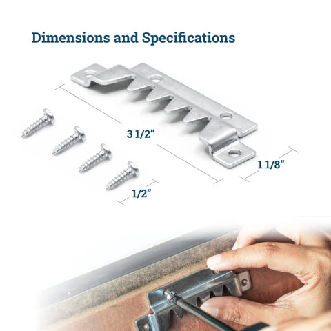 Image showing Heavy Duty Sawtooth Picture Hangers Big Pack For Wall Mounting Holds Up To 250 Pounds Includes Ten Hangers And Forty Screws. Dimensions displayed with a close-up of hanger installation.
