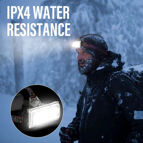 Person wearing Rechargeable LED Headlamp 1800 Lumen Beast Bright With COB Flood Light Three Modes IP65 Waterproof in snowy outdoors