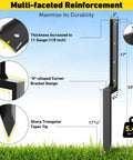 Diagram of Beefy Heavy Duty Fence Post Repair Kit with thickened H-shaped spike anchors, showing dimensions and durability features.