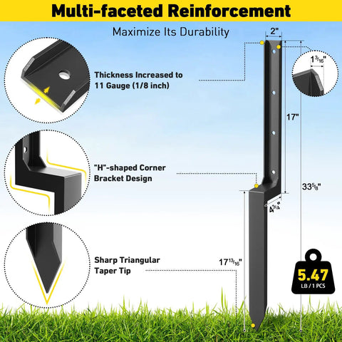 Diagram of Beefy Heavy Duty Fence Post Repair Kit with thickened H-shaped spike anchors, showing dimensions and durability features.