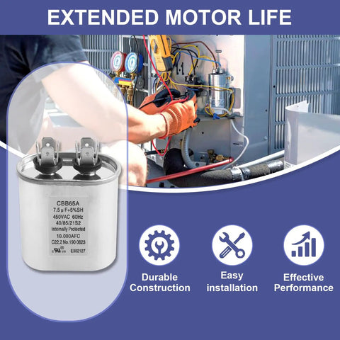 7.5uF 450VAC Dual Run Ellipse Start Capacitor For RV Campers And AC Fans 60Hz 10,000 AFC with installation guide