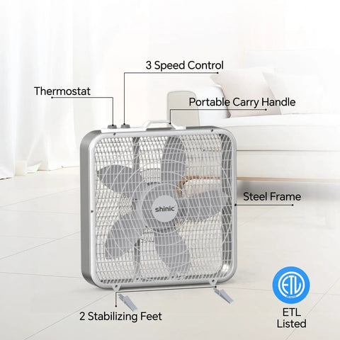 20 Inch Box Fan with Thermostat Auto Temperature Control 3 Speed Metal Frame Window Box Fan with Carry Handle and Non Slip Feet