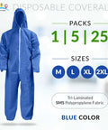 Blue Disposable Coveralls With Hood In Large Size Tri Laminated SMS Polypropylene Work Suit With Zipper And Elastic Wrists