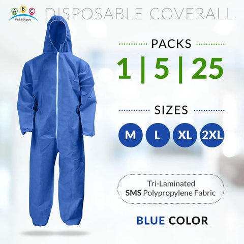 Blue Disposable Coveralls With Hood In Large Size Tri Laminated SMS Polypropylene Work Suit With Zipper And Elastic Wrists