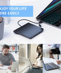 Two In One External CD DVD Drive With USB 3.0 And Type C Disc Reader Burner Player For Laptops And Desktops, Plug and Play No Extra Power Required, Wide Compatibility With USB A And USB C, black slim drive connected to laptop