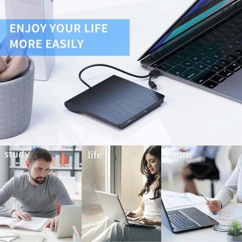 Two In One External CD DVD Drive With USB 3.0 And Type C Disc Reader Burner Player For Laptops And Desktops, Plug and Play No Extra Power Required, Wide Compatibility With USB A And USB C, black slim drive connected to laptop