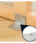 Beefy Stainless Steel L Shaped 90 Degree Corner Bracket For Furniture And Shelves, installed on wooden furniture, close-up view