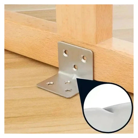Beefy Stainless Steel L Shaped 90 Degree Corner Bracket For Furniture And Shelves, installed on wooden furniture, close-up view