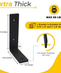 Quarter Inch Thick Heavy Duty Shelf Brackets 4 Pack For Rustic Farmhouse Floating Shelves Industrial Wall Mount With Screws And Anchors Built To Last And Supports Up To Sixty Six Pounds, diagram with measurements and weight capacity