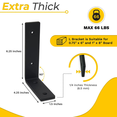 Quarter Inch Thick Heavy Duty Shelf Brackets 4 Pack For Rustic Farmhouse Floating Shelves Industrial Wall Mount With Screws And Anchors Built To Last And Supports Up To Sixty Six Pounds, diagram with measurements and weight capacity