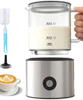 4 In 1 Milk Frother And Steamer For Home Barista Cafe Pro Grade Quality Drinks Glass 16.9oz Electric Frother displayed with accessories