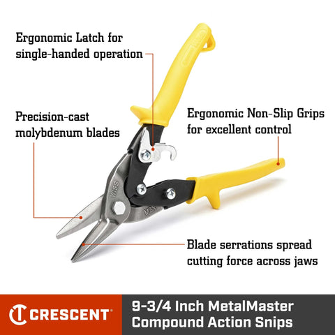 Crescent Wiss MetalMaster 9-3/4 in compound-action snips with yellow handles, side view