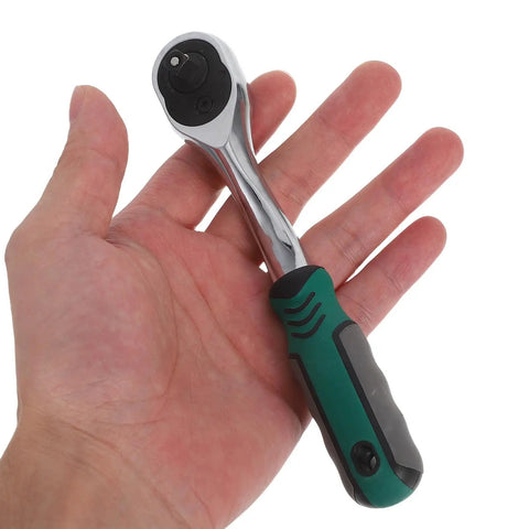 Heavy Duty 10mm Quick Release Ratchet Extension Featuring 72 Tooth Reversible Head held in hand, showcasing ergonomic design.